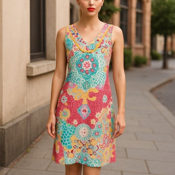 TALBOTS Shift Dress Petite Medium PM M Mandala Floral Medallions Summer - Picture 1 of 15
